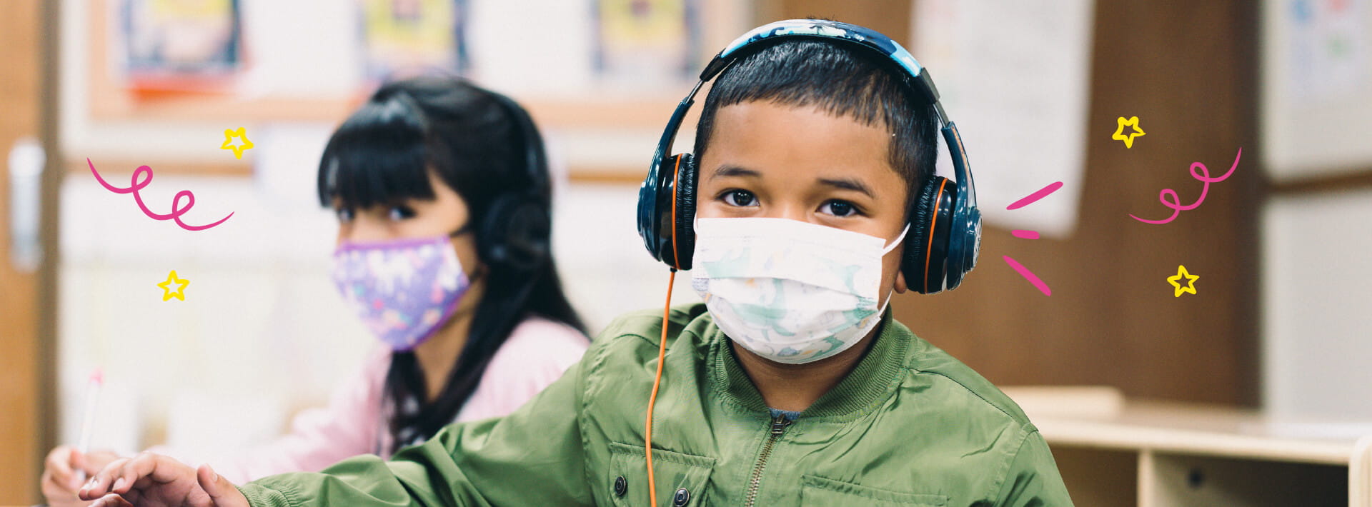 Children wearing masks in classroom